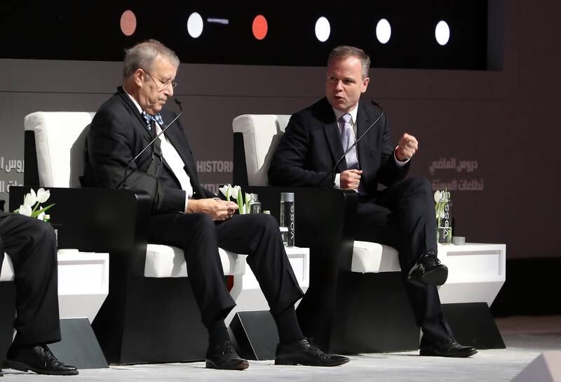 Toomas Hendrik Ilves, left, former president of Estonia from 2006-2016, and Sir Craig Oliver at the International Government Communication Forum held at the Expo Centre in Sharjah.