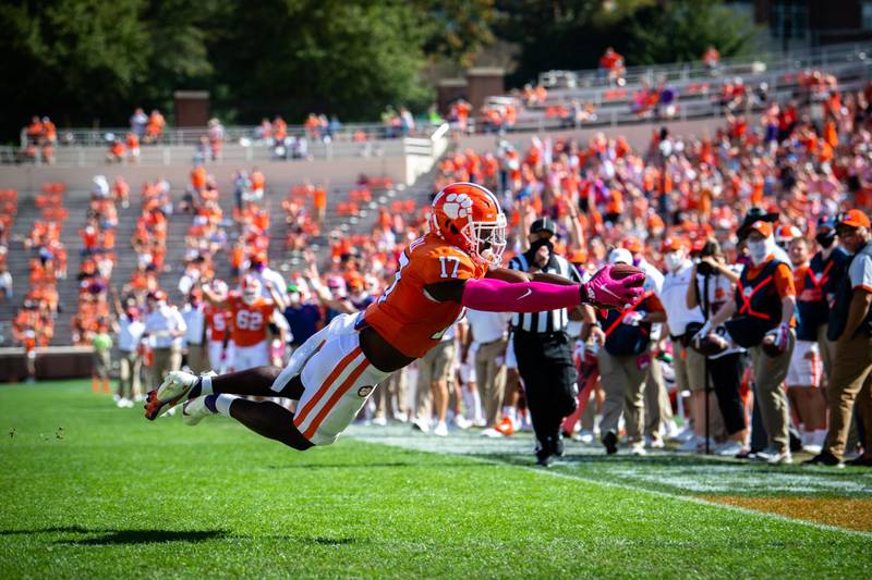 Clemson Tigers wide receiver Cornell Powell dives into the end zone for a touchdown during their NCAA game against Syracuse Orange at Memorial Stadium in South Carolina, USA,  on Saturday,  October 24. USA TODAY Sports