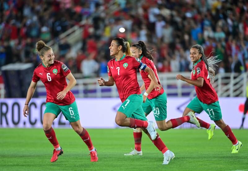 Players of Morocco celebrate a goal against Burkina Faso, during the soccer match of the Women's Africa Cup of Nations between Morocco and Burkina Faso, in Rabat, Morocco, 02 July 2022.   EPA / Jalal Morchidi