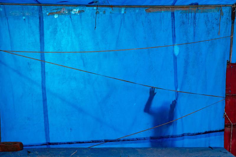 A macaque is silhouetted as it climbs a tarpaulin of a roadside stall in Dharamshala, India. AP Photo