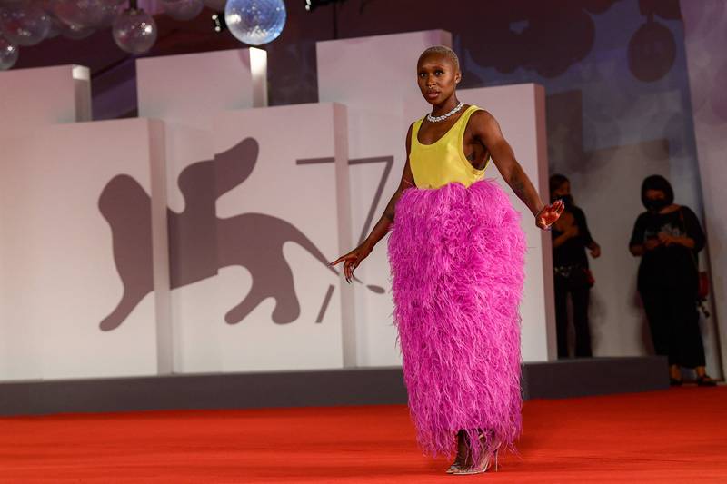 Cynthia Erivo, in bright Valentino Couture, arrives for the screening 'Last Night in Soho' on September 4, 2021 during the 78th Venice Film Festival. AFP