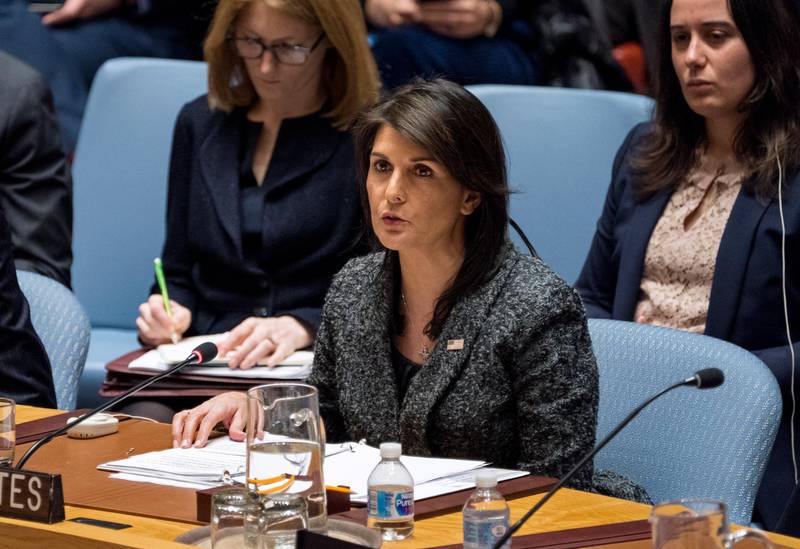 American Ambassador to the United Nations Nikki Haley speaks after the United Nations Security Council voted on a resolution demanding a 30-day humanitarian cease-fire across Syria on Saturday, February 24, 2018 at United Nations headquarters. Craig Ruttle / AP Photo