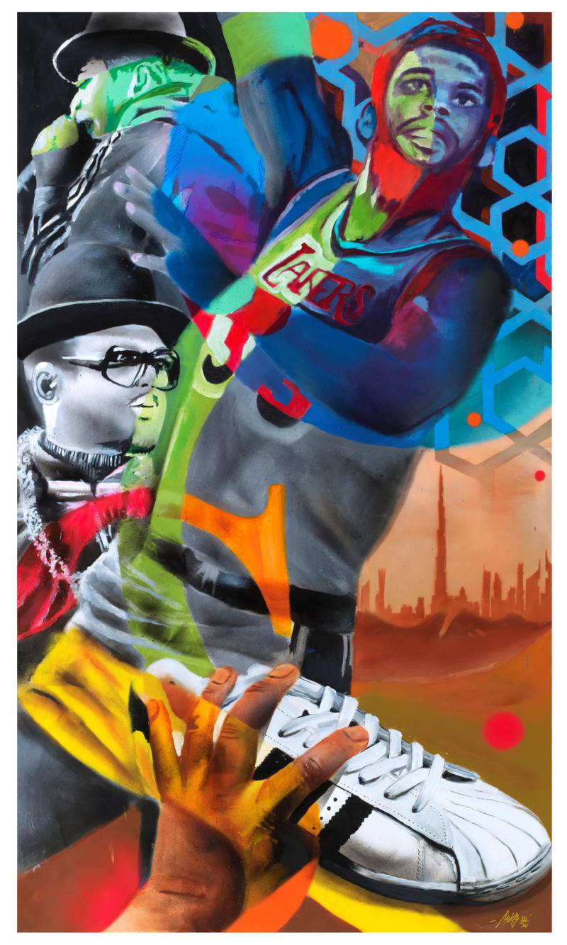 Muralist Moks created a figurative image, starring Run DMC members and the Dubai skyline.