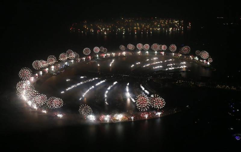 More than 100,000 fireworks were set up on the crescent of the Palm Jumeirah as part of Dubai’s bid to break the world record for the largest display. Karim Sahib / AFP Photo