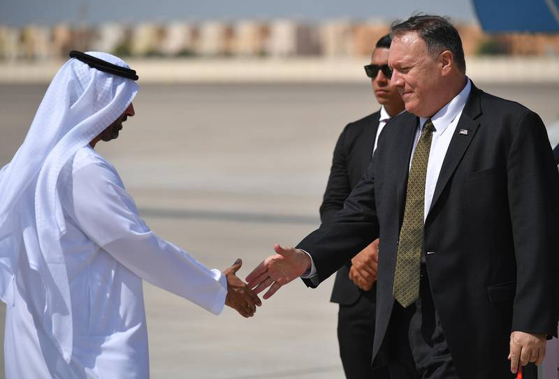 US Secretary of State Mike Pompeo is greeted on his arrival at al-Bateen Air Base in Abu Dhabi on September 19, 2019.  AFP