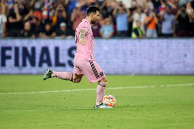 Lionel Messi scores his penalty kick for Inter Miami during the shootout against Cincinnati. Getty