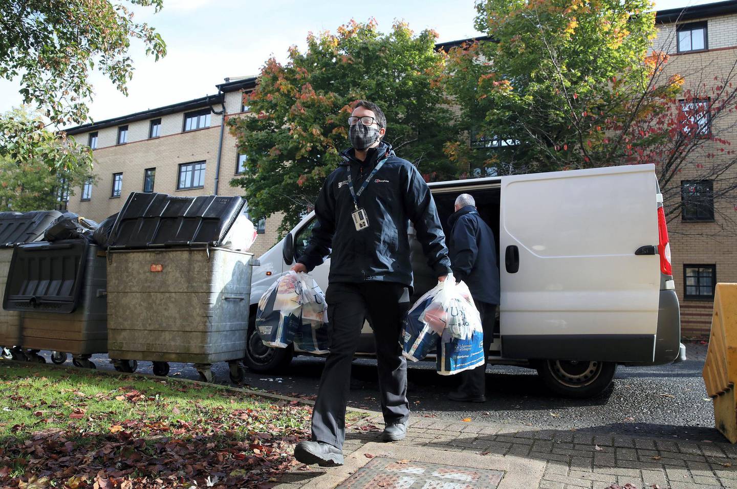 Food parcels are handed out by the University of Glasgow to students staying at the Murano Street Student Village. (Photo by Andrew Milligan/PA Images via Getty Images)