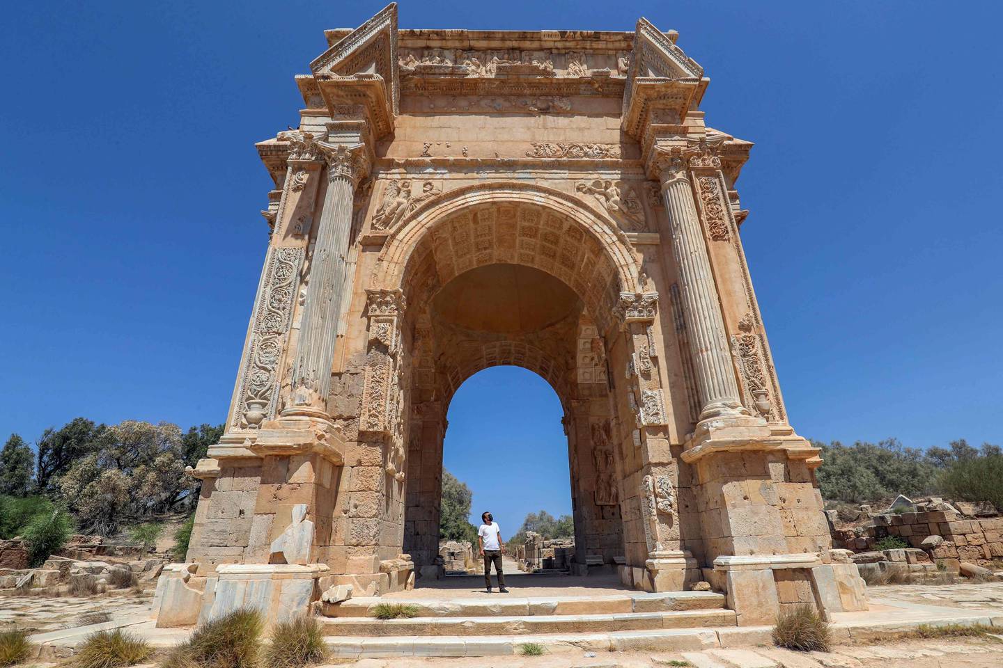 The Arch of Sptimus Severus in the ancient Roman city of Leptis Magna near the coastal Libyan city of Al Khums. AFP