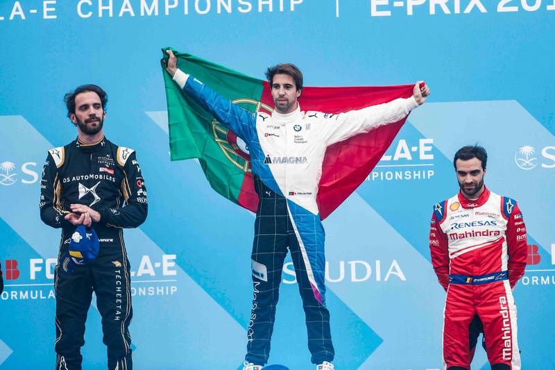 The winners podium after the 2018 'Saudia' Ad Diriyah E Prix. Photo by Sportscode Images