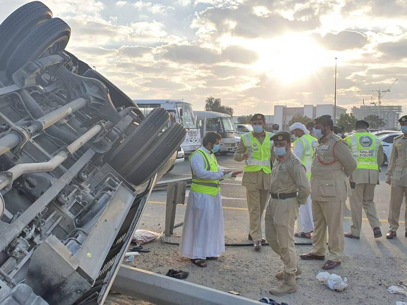 Two people died and 10 were injured in a crash involving three buses in Dubai on Tuesday. Courtesy: Dubai Police