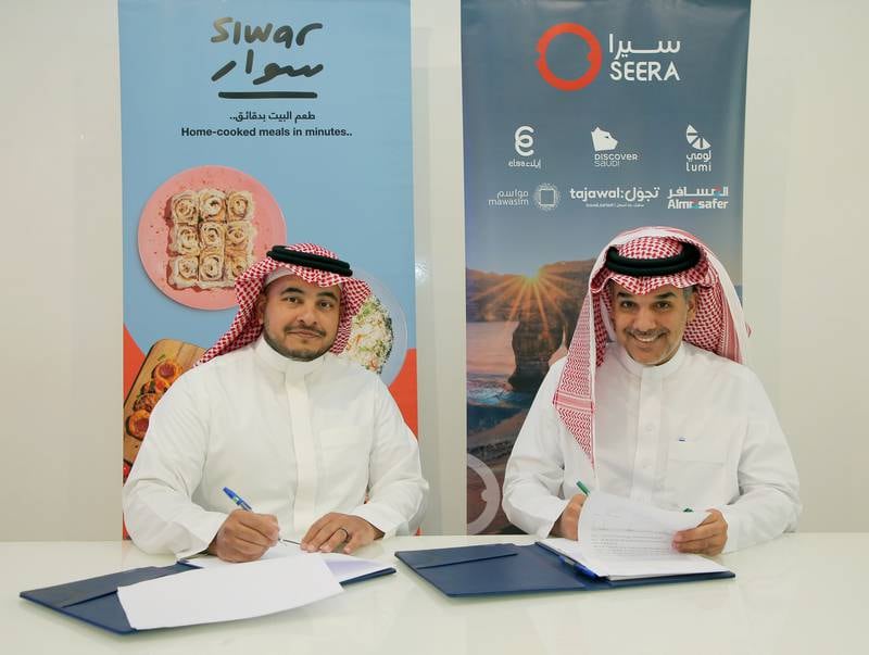 Loaye Al Nahedh, chief executive of Saudi Arabian food technology start-up Siwar (left), and Majed Al Nefaie, chief executive of Seera Group. Photo: Seera