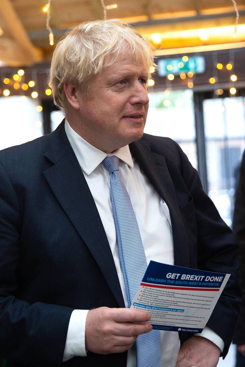 CALLESTICK, ENGLAND - NOVEMBER 27: Prime Minister and Conservative Party leader, Boris Johnson delivers a speech to an audience as he visits Healey's Cornish Cyder Farm on November 27, 2019 in Callestick, England. Mr Johnson is campaigning in Cornwall ahead of the United Kingdom's general election on December 12. (Photo by William Dax/Getty Images)