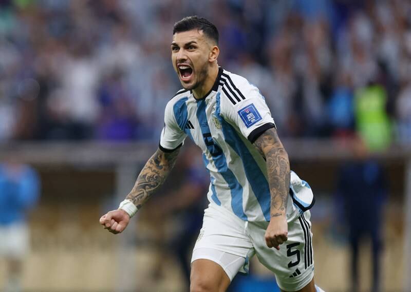Argentina's Leandro Paredes celebrates scoring during the penalty shoot-out against France. Reuters