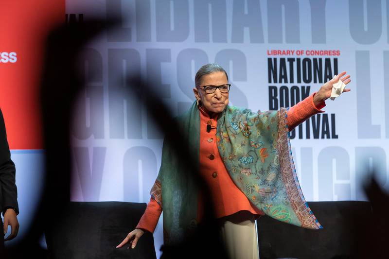 US Supreme Court Justice Ruth Bader Ginsburg gestures to the attendees of her presentation at the National Book Festival presented by the Library of Congress at the Walter E Washington Convention Center in Washington on August 31, 2019. EPA