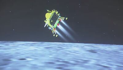 A rendering shows Chandrayaan-3 as it prepares to land on the south pole of the Moon on Thursday. AFP