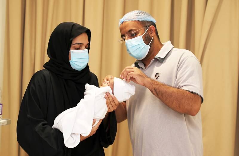 Rizwan, Ammara and Anaya in the isolation unit at Burjeel Medical City in Abu Dhabi. Pawan Singh / The National