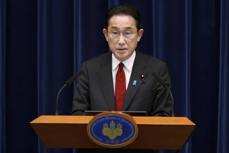 Japan's Prime Minister Fumio Kishida at his official residence in Tokyo on February 25, 2022. Japan announced additional sanctions against Russia in response to its attacks on Ukraine. AP