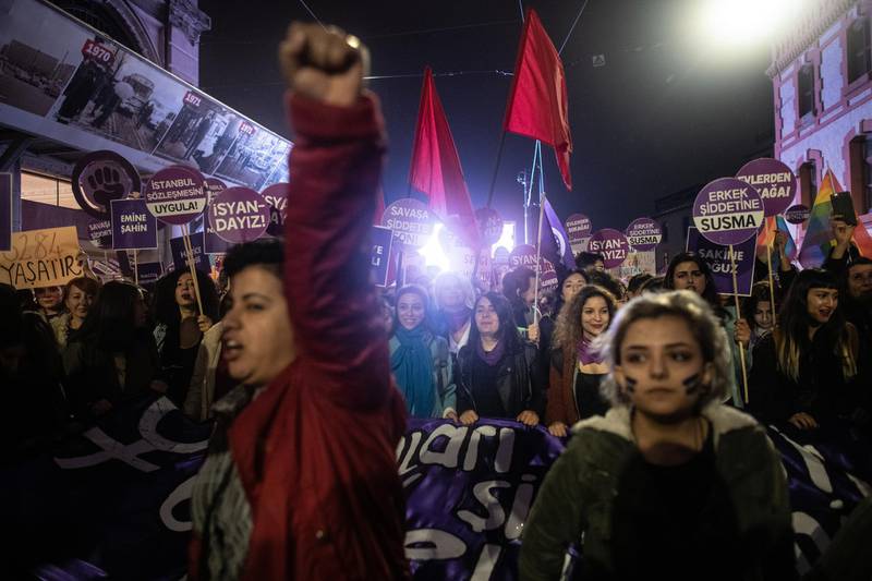 Demonstrators gather to protest against femicide and violence against women in Istanbul, Turkey.  Getty Images