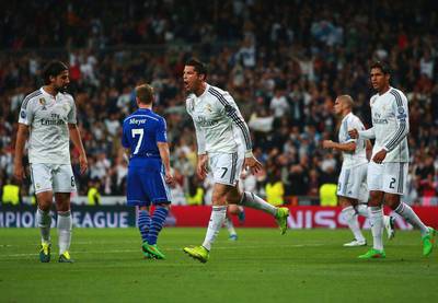 Cristiano Ronaldo of Real Madrid celebrates levelling the score at 1-1 on Tuesday night in his side's Champions League loss to Schalke. Alex Grimm / Bongarts / Getty Images