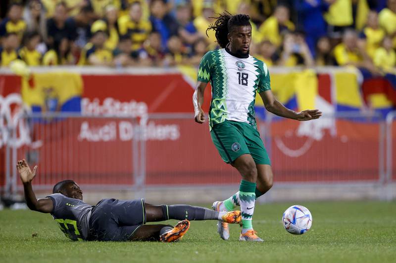 Alex Iwobi dribbles past Moises Caicedo during an international match between Nigeria and Ecuador at Red Bull Arena. Getty
