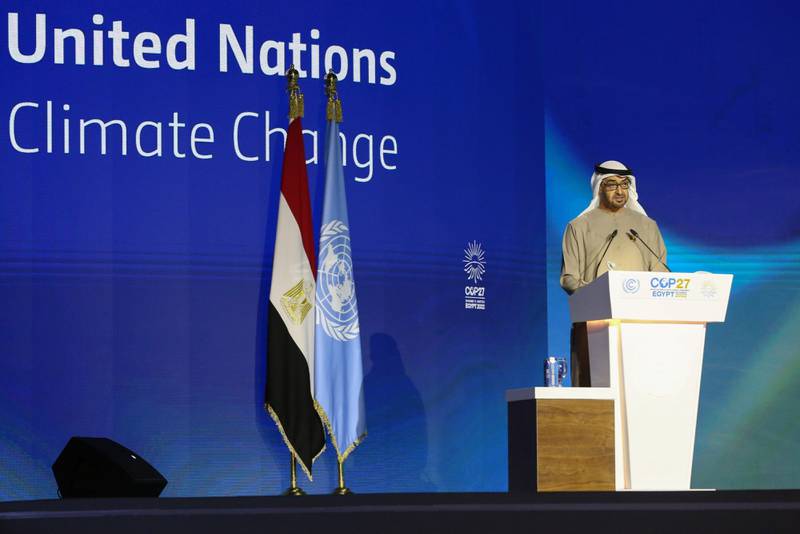 President Sheikh Mohamed speaks during a plenary session at the Cop27 climate conference in Sharm El Sheikh, Egypt. Bloomberg