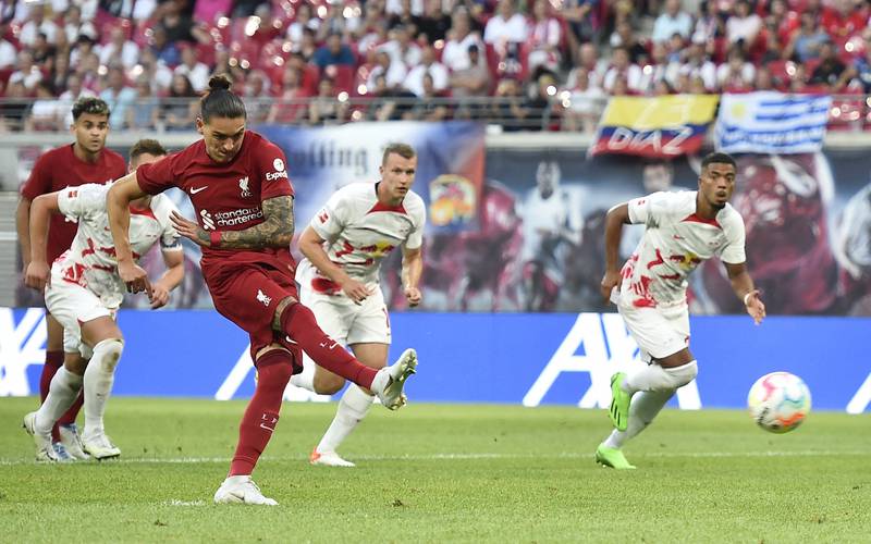 Darwin Nunez scores Liverpool's second goal from the penalty spot in their friendly win over RB Leipzig at the Red Bull Arena, on Thursday July 21, 2022. Reuters