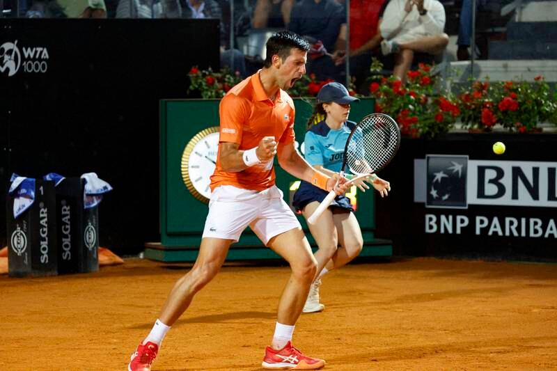 Novak Djokovic celebrates a point during his Italian Open semi-final match against Casper Ruud. EPA
