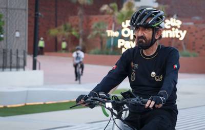 Sheikh Mohammed bin Rashid, Vice President and Ruler of Dubai, explores the Expo site on his bike. Photo: Dubai Media Office