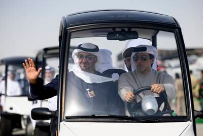 President Sheikh Mohamed and Sheikh Mansour bin Zayed, Vice President, Deputy Prime Minister and Chairman of the Presidential Court, tour the 2023 Dubai Airshow. Hamad Al Kaabi / UAE Presidential Court