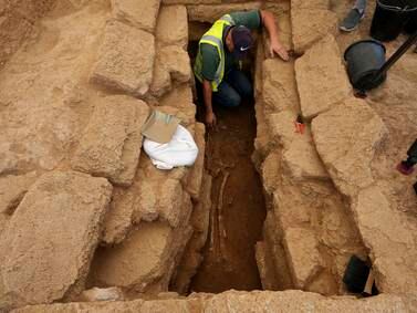 Archaeologists in Gaza unearth large cemetery containing rare lead sarcophagi