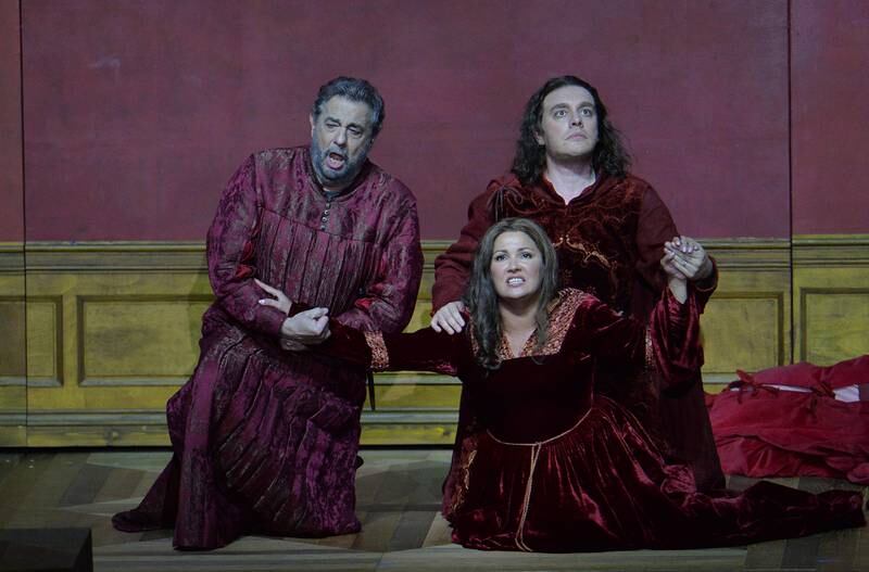 Placido Domingo, Anna Netrebko and Francesco Meli performing in Verdi's 'Il Trovatore',in Salzburg, Austria in 2014. Getty Images