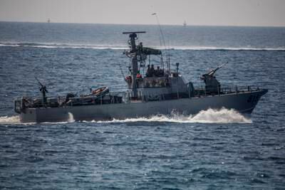 An Israeli navy vessel guards next to a water border marks in the Mediterranean sea next to Rosh Hanikra, near Haifa at the Israel-Lebanon border, 06 June 2022. EPA