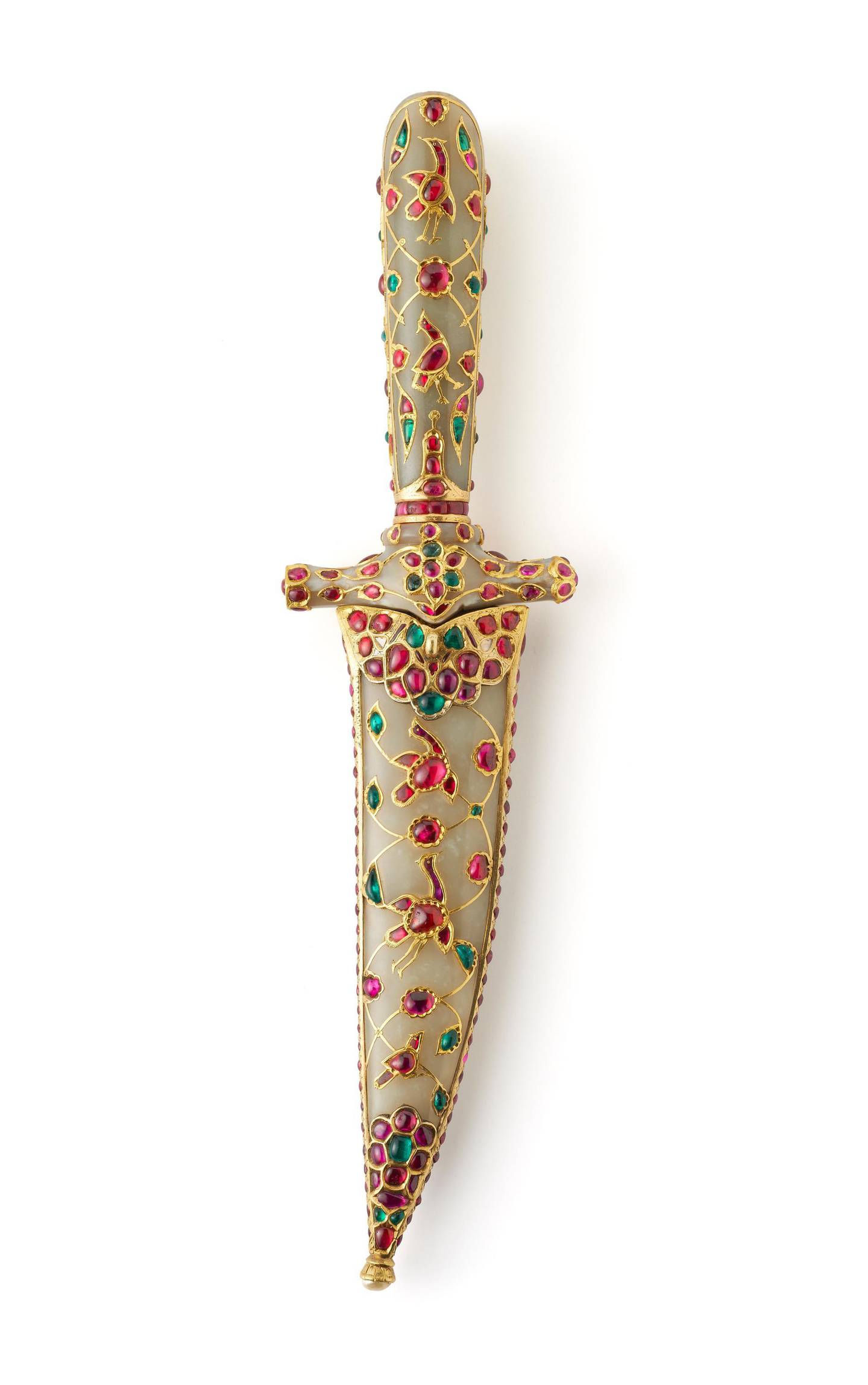 A handout photo of jewelled jade dagger, Mughal, c.1610-1620 from Bejewelled Treasures: The Al Thani Collection at Victoria and Albert Museum in London, UK (Copyright by Servette Overseas Limited / Photo by Prudence Cuming Associates Ltd.) NOTE: For Francesca Fearon's feature in Arts & Life, November 2015 *** Local Caption ***  Jewelled jade dagger, Mughal, c.1610-20.jpg