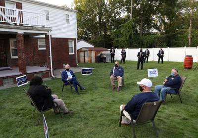 Democratic U.S. presidential nominee and former Vice President Joe Biden meets with steel workers at a backyard during a visit to Detroit, Michigan, September 9, 2020. REUTERS/Leah Millis