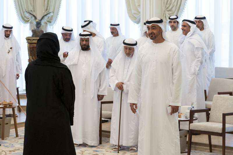 Sheikh Mohamed bin Zayed, Crown Prince of Abu Dhabi and Deputy Supreme Commander of the Armed Forces greets a guest.