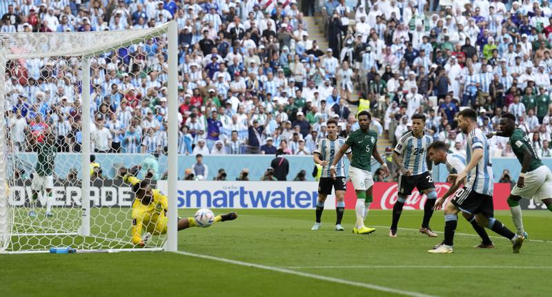 Saudi Arabia's goalkeeper Mohammed Al Owais saves a shot from Argentina. AP