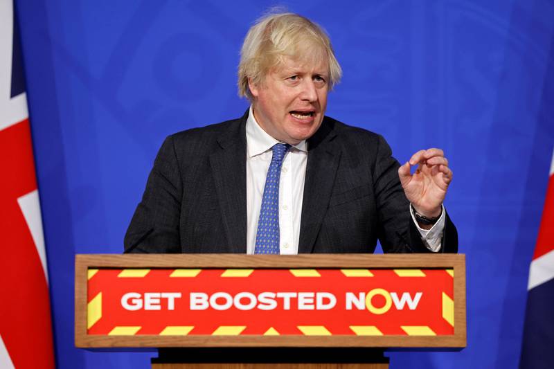 UK Prime Minister Boris Johnson at a news conference in Downing Street to update the nation on the Covid-19 booster vaccine programme. Reuters