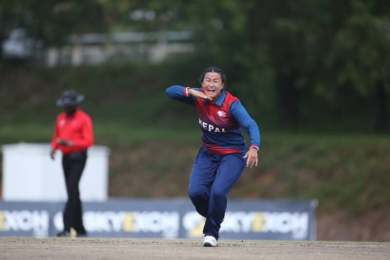 Sita Rana Magar does her 'Pushpa' celebration after taking one of her two wickets for Nepal in the ACC Women's T20 Championship semi-final in Kuala Lumpur.