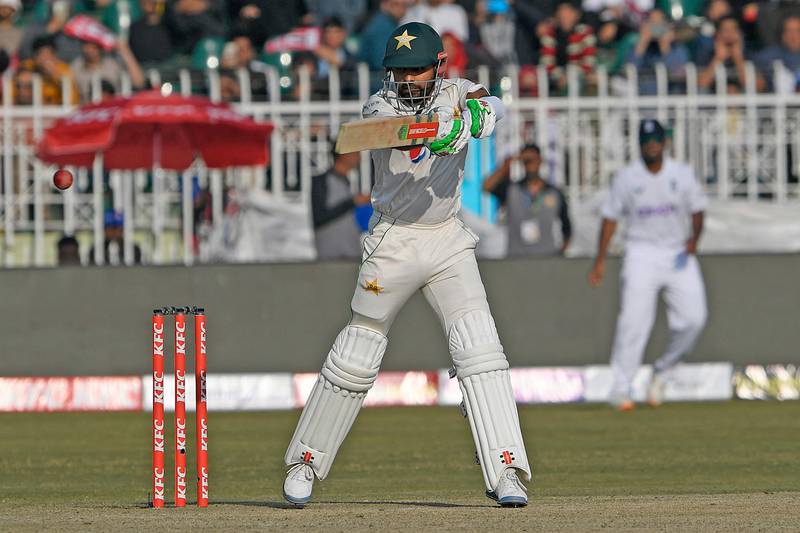 Pakistan captain Babar Azam plays a shot on his way to scoring 136. AFP