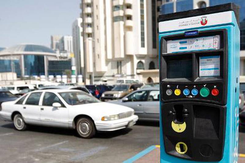 Abu Dhabi - October 5, 2009: Mawaqif parking meters near Hamdan and sixth street. ( Philip Cheung / The National )