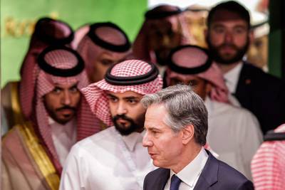 Mr Blinken appears during a joint press conference in Riyadh. AFP