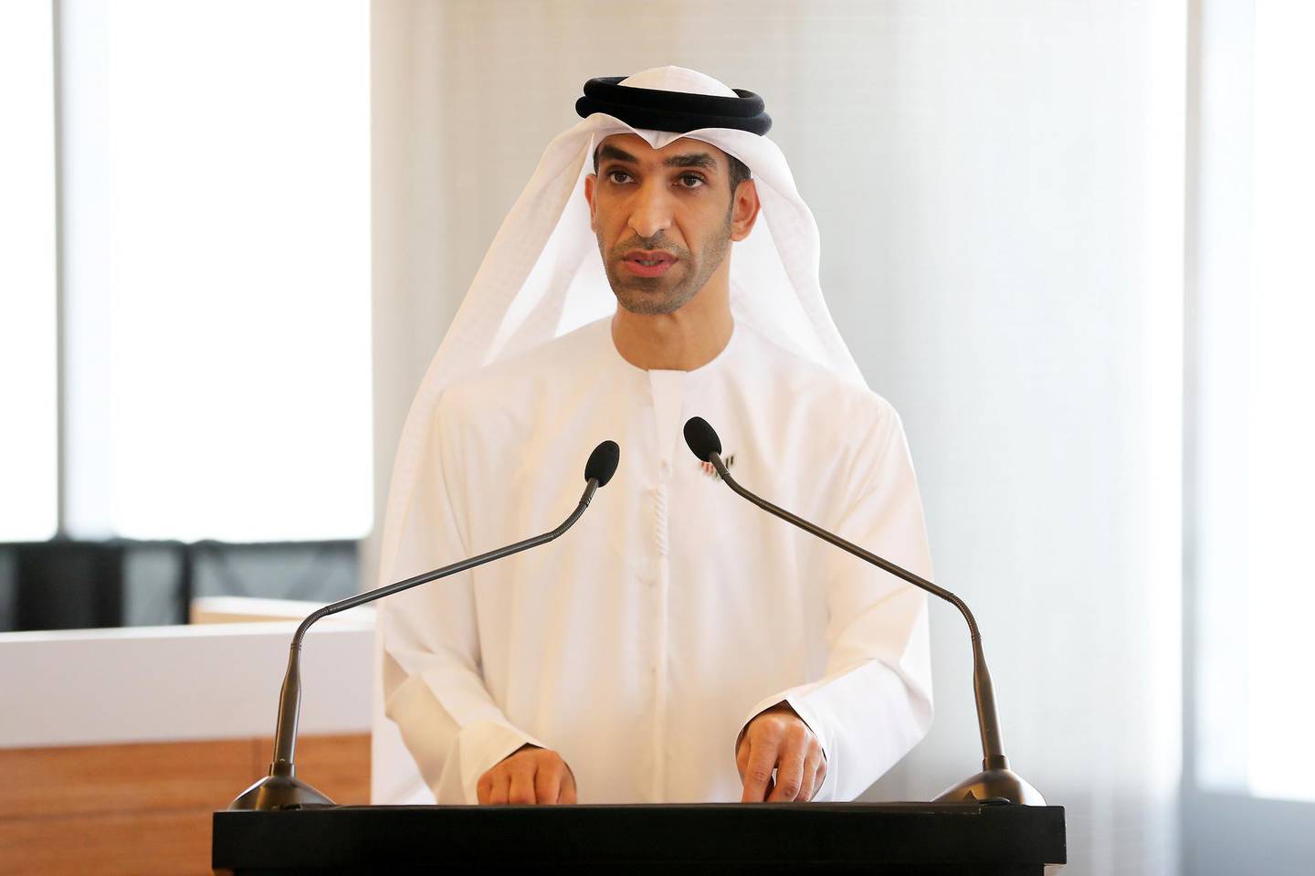 Dr Thani Bin Ahmed Zeyoudi, UAE Minister of States for Foreign Trade speaking during the opening of Crypto Centre at Almas Tower in JLT in Dubai on May 24,2021. Pawan Singh / The National. Story by Alkesh