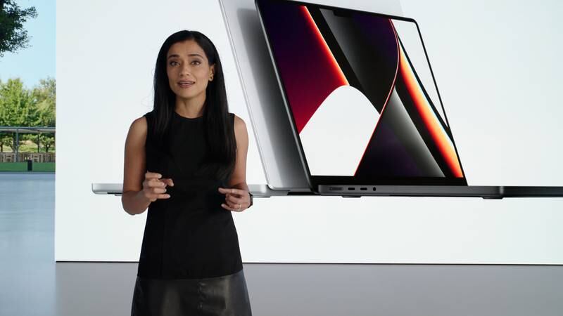 Apple's Shruti Haldea presents the completely reimagined MacBook Pro powered by the brand new M1 Pro and M1 Max chips. Photo: EPA