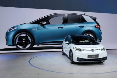 FRANKFURT AM MAIN, GERMANY - SEPTEMBER 09: Volkswagen presents the new Volkswagen ID.3 electric car at the Volkswagen media preview at the 2019 IAA Frankfurt Auto Show on September 09, 2019 in Frankfurt am Main, Germany. The IAA will be open to the public from September 12 through 22. (Photo by Sean Gallup/Getty Images)