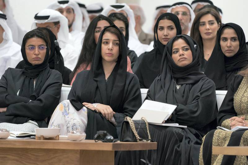 ABU DHABI, UNITED ARAB EMIRATES - May 20, 2019: HE Noura Mohamed Al Kaabi, UAE Minister of Culture and Knowledge Development (L) and HE Reem Ibrahim Al Hashimi, UAE Minister of State for International Cooperation (C), attend a lecture by James Mattis, Former US Secretary of Defense (not shown), titled: 'The Value of the UAE - US Strategic Relationship', at Majlis Mohamed bin Zayed.

( Eissa Al Hammadi for the Ministry of Presidential Affairs )
---