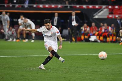 Sevilla's Gonzalo Montiel scores the winning penalty. AP 