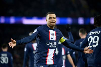 Kylian Mbappe celebrates after scoring the fourth goal against Nantes, which made him PSG's all-time top goalscorer. AFP