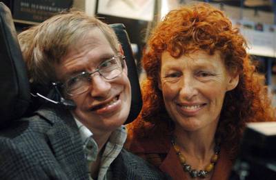 Famous physicist Stephen Hawking and his then wife Elaine smile on the opening day of the Frankfurt Book Fair 2005 in Frankfurt Main, Germany, on October 19, 2005. Boris Roessler / EPA