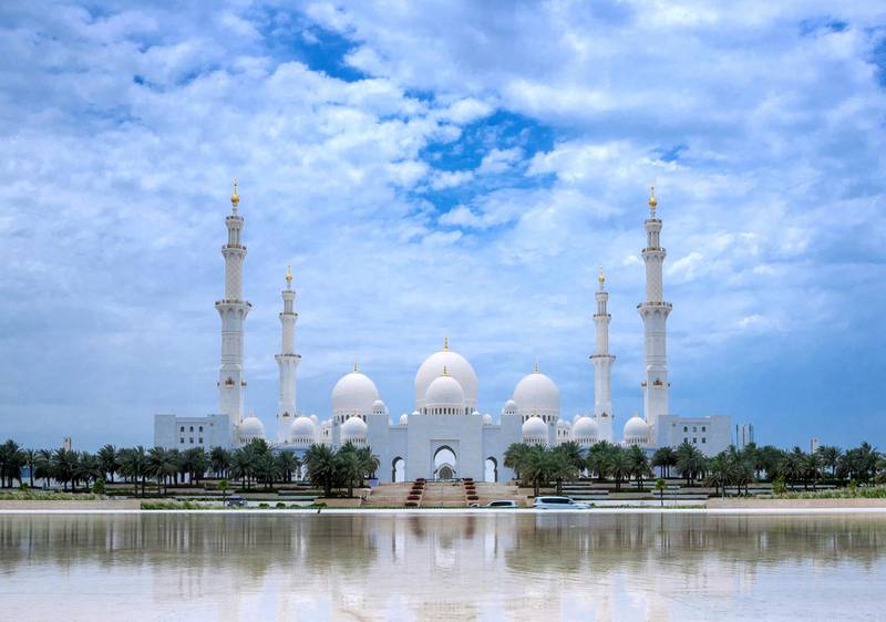 The view of the Sheikh Zayed Grand Mosque from Wahat Al Karama on a cloudy day in Abu Dhabi on the 29th of April, 2021. Victor Besa / The National.