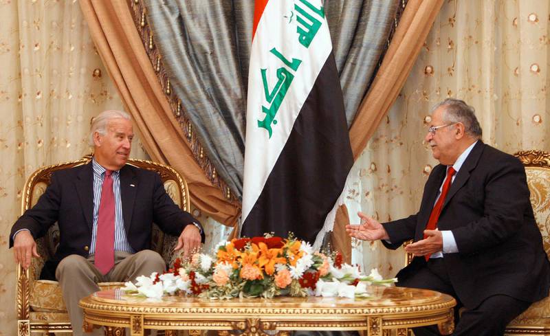 US vice president-elect Joe Biden is seen during a meeting with Iraqi President Jalal Talabani in Baghdad on January 12, 2009. The Delaware senator, who will surrender his seat to assume the US vice presidency on January 20, arrived in Iraq today via Kuwait to meet with Iraqi officials. AFP PHOTO / POOL / ATEF HASSAN (Photo by ATEF HASSAN / POOL / AFP)